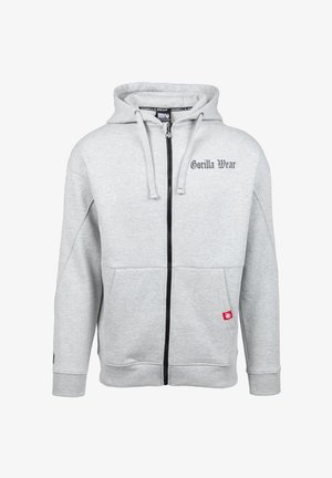 Grijze zip-up hoodie met een kangoeroezak, capuchon met koord en zwarte rits. Heeft het 'Gorilla Wear' logo op de borst en rode labeldetails.