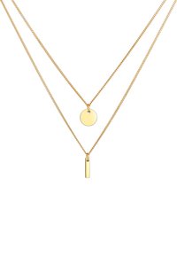 Gold-beschichtete Halskette mit zwei Ketten: eine mit einem runden Anhänger und die andere mit einem rechteckigen Anhänger, beide glatt und glänzend.