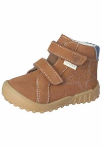 Botte cheville en cuir marron avec deux sangles Velcro, détail en forme d'étoile, doublure crème et semelle en caoutchouc beige avec des boutons de traction.