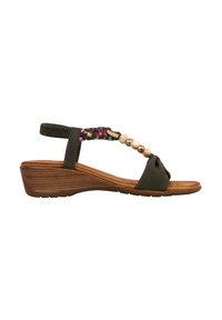 Grøn sandal med flettet rem, som har farverige accenter og en træklods hæl. Blødt materiale og knyttet tådesign for komfort.