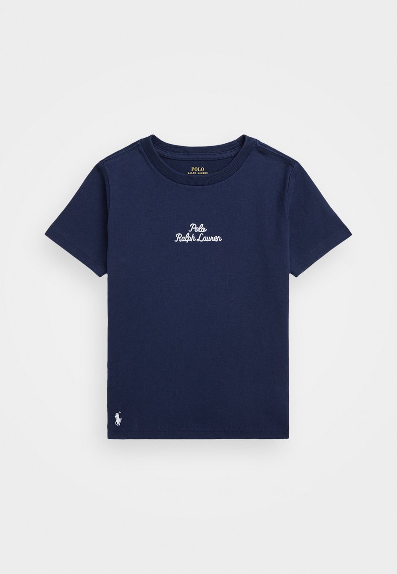 T-shirt en coton bleu marine avec col rond, manches courtes, et logo "Polo Ralph Lauren" brodé sur la poitrine, accompagné d'un petit emblème sur l'ourlet.