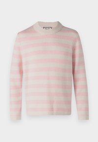 Lahka dolga majica s dolgimi rokavi v izmeničnih roza in kremnih črtah. Ima rebrast okrogli izrez in gladko, mehko teksturo.