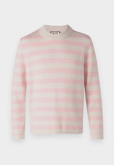 Pull léger à manches longues en rayures alternées rose et crème. Doté d'un col rond côtelé et d'une texture lisse et douce.