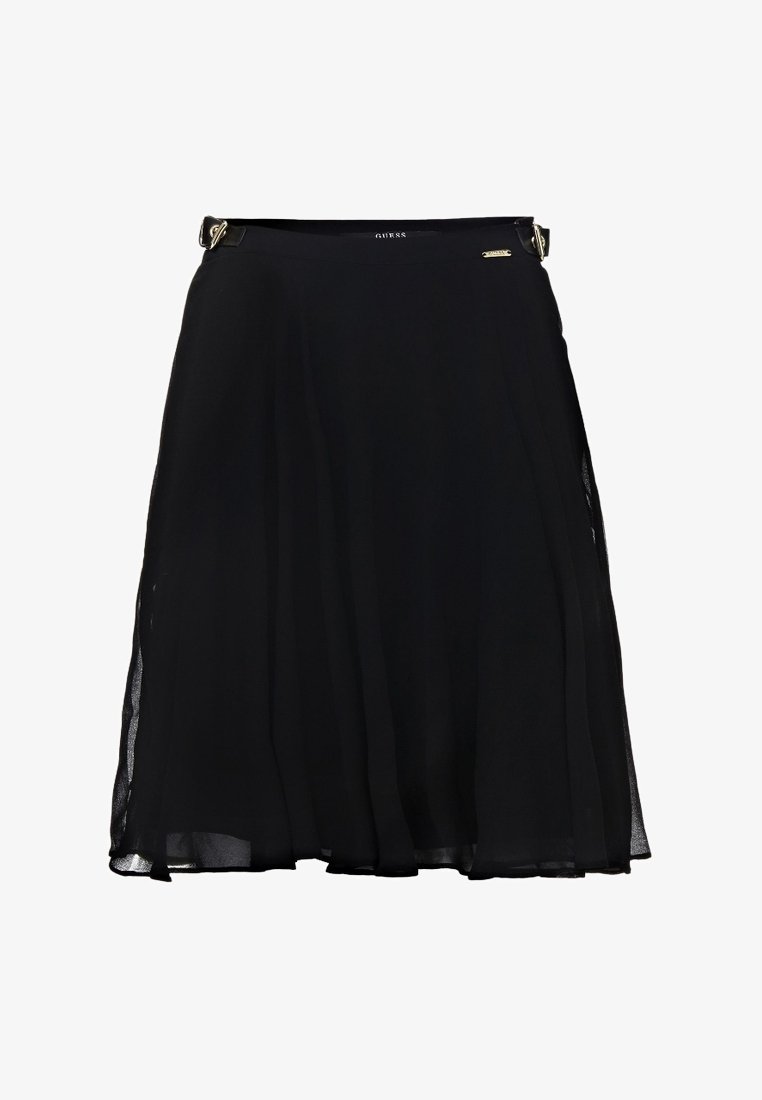 Jupe noire longueur genou avec légère évasement, détails de boucle à la taille et une petite étiquette métallique de marque sur le côté droit.