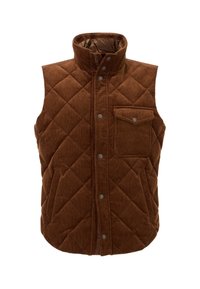 Gilet in corduroy marrone con motivo a rombi, colletto alto, tasca frontale e chiusura con bottoni a pressione. Fodera interna liscia per il massimo comfort.