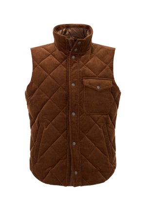Gilet en velours côtelé marron avec un motif en losanges, col haut, poche avant et fermeture à boutons pression. Doublure intérieure lisse pour le confort.