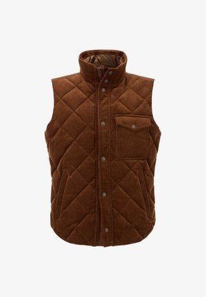 Hnědá kordurová vesta s diamantovým prošíváním, vysokým límcem, přední kapsou a zacvakávacím zapínáním. Hladká podšívka pro pohodlí.