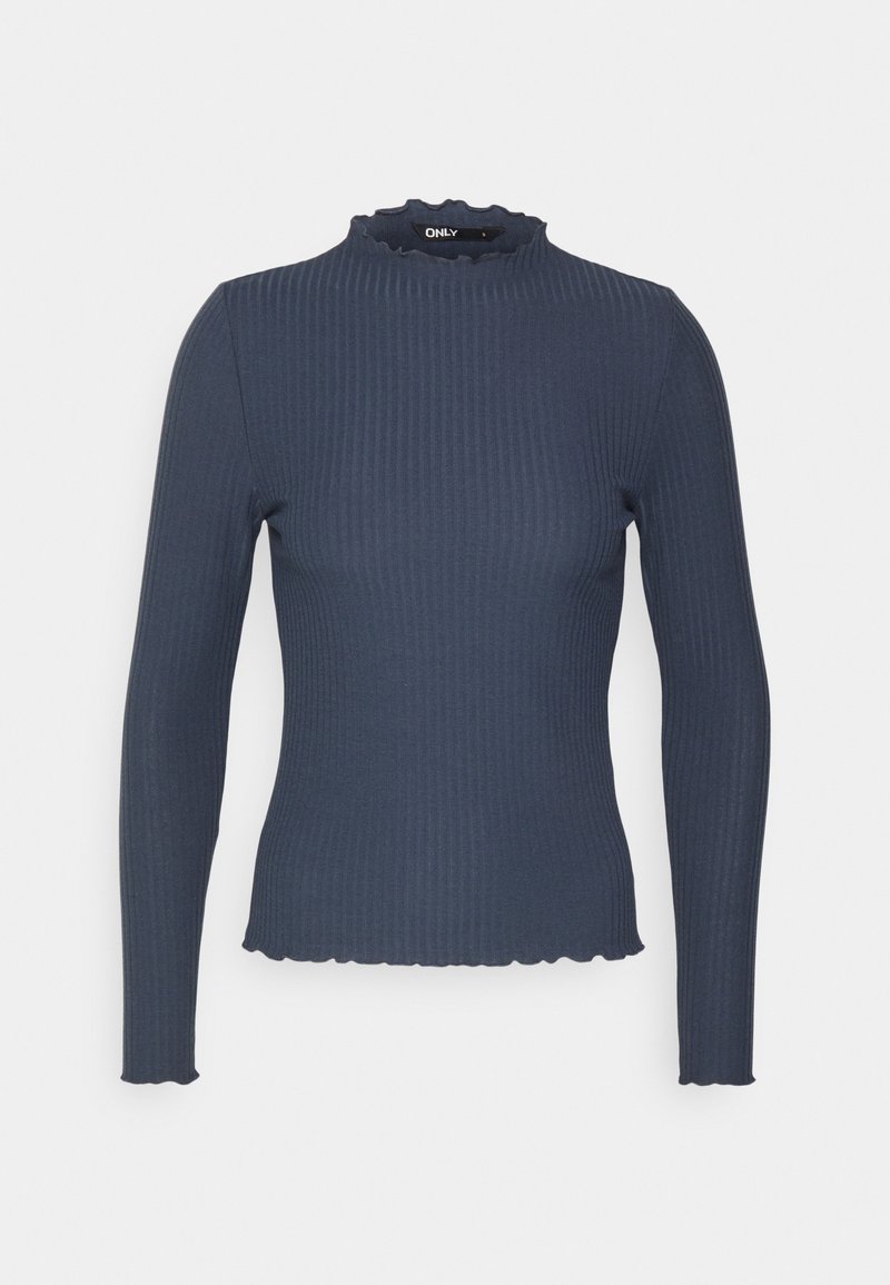 Marineblauwe longsleeve top in ribbeltextuur. Voorzien van een hoge halslijn met een geschulpte rand en een slim fit ontwerp.