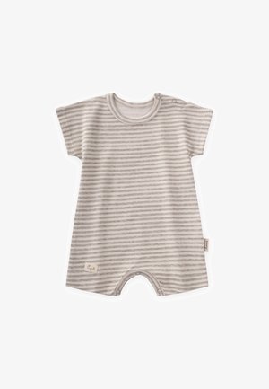 Gestreifter Jumpsuit in Hellgrau und Weiß, aus weichem Baumwollstoff, mit kurzen Ärmeln, rundem Ausschnitt und Druckknopfverschlüssen an der Schulter und am unteren Ende.