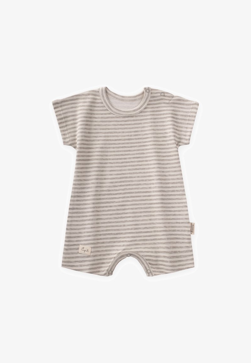 Mono de rayas en gris claro y blanco, hecho de suave algodón, que presenta mangas cortas, un cuello redondo y cierres a presión en el hombro y la parte inferior.