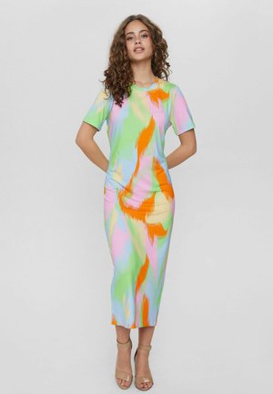Fitted midi dress in a soft, stretchy fabric featuring multicolored abstract patterns in pastel shades of green, pink, and orange.