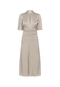 Light beige dress with short puff sleeves, V-neck, and gathered detail at the waist. Made from textured fabric, knee-length design.
