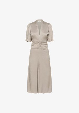 Hele beež kleit lühikeste puffvarrukatega, V-kaelusega ja kogumisega detailiga vöö ümber. Valmistatud tekstuursetest materjalidest, põlvepikkune disain.