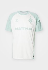 Maglietta a maniche corte di colore bianco con accenti verde menta. Presenta un colletto tondo, realizzata in un tessuto leggero, include il logo e il nome del marchio.