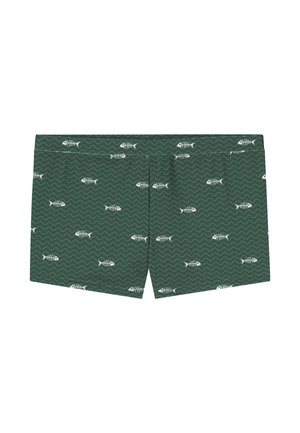 Costumi da bagno verde scuro con un motivo a onde e scheletri di pesce bianchi. Realizzati in tessuto elasticizzato con vita elastica.