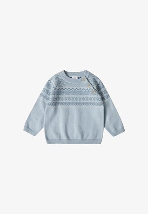 Maglione azzurro chiaro lavorato a maglia con maniche lunghe, motivo testurizzato in blu scuro e tre bottoni decorativi sul collo. Materiale morbido.