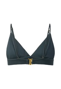 Haut de bikini triangle noir côtelé avec bretelles réglables et fermeture à clip doré sur fond blanc.