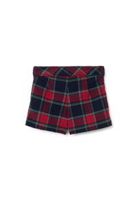 Shorts in tartan rosso, blu navy e verde in lana, con vita piegata, posati su uno sfondo bianco.