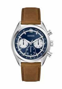 Reloj cronógrafo con una esfera azul marino, caja de acero inoxidable plateado, tres subesferas y una correa de cuero marrón con acabado texturizado.