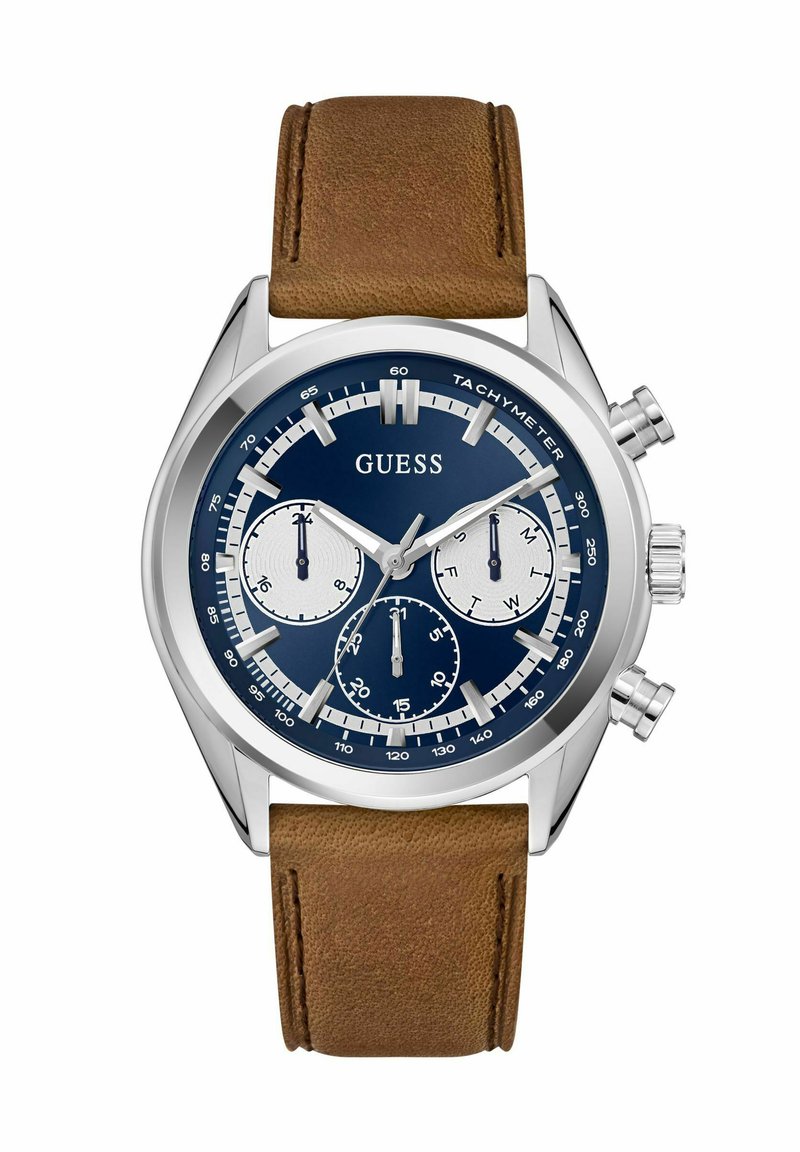 Reloj cronógrafo con una esfera azul marino, caja de acero inoxidable plateado, tres subesferas y una correa de cuero marrón con acabado texturizado.