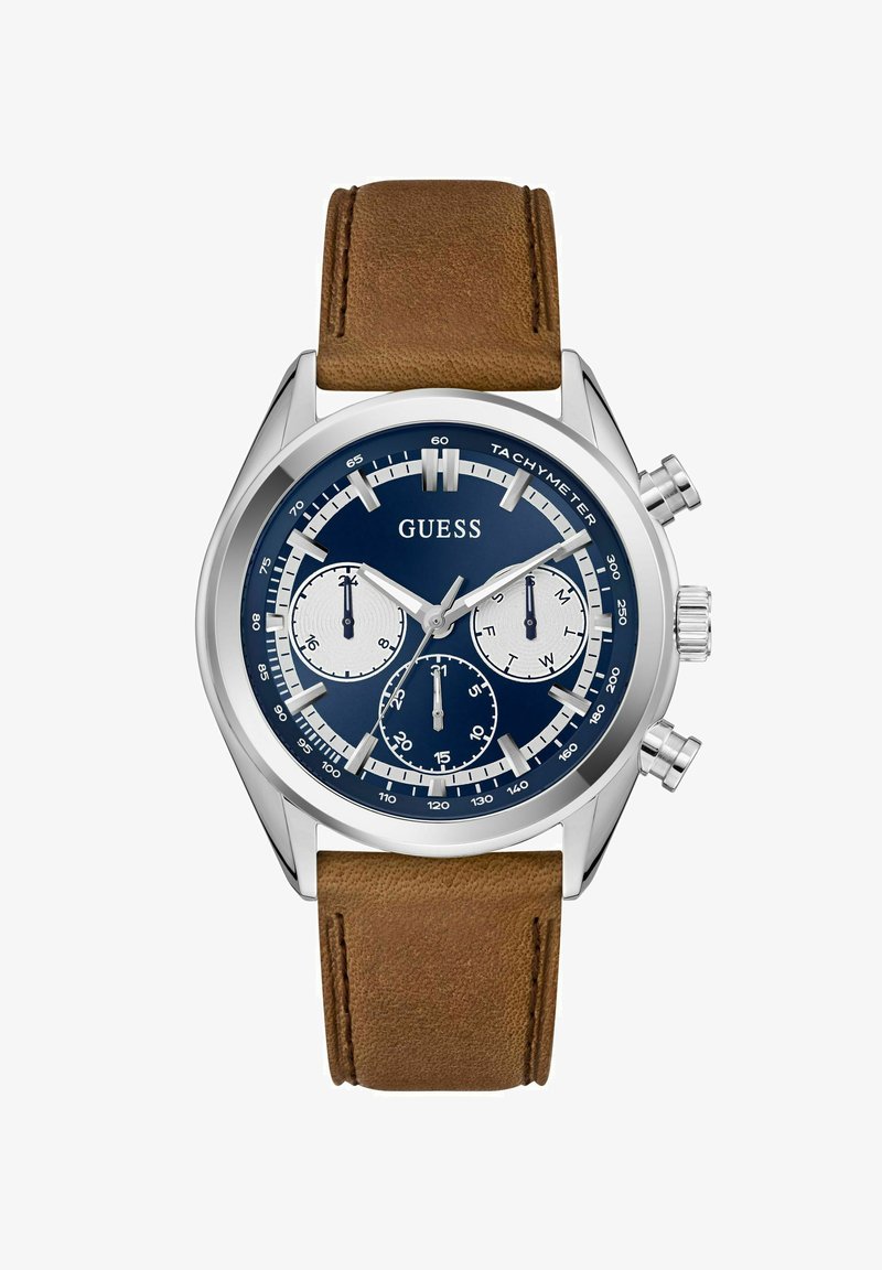 Orologio cronografo con quadrante blu navy, cassa in acciaio inossidabile argentato, tre sottodial e cinturino in pelle marrone con una finitura texture.