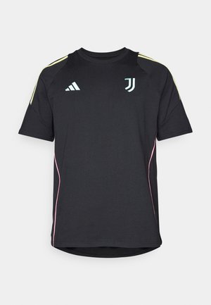 Maglietta sportiva nera a maniche corte con dettagli in azzurro e giallo, colletto a giro e logo sul petto. Tessuto dalla consistenza liscia.