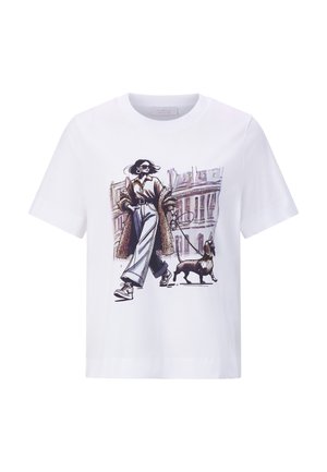 Tricou alb din bumbac cu imprimare grafică reprezentând o persoană plimbând un câine. Croială lejeră, cu mâneci scurte și gât rotund.