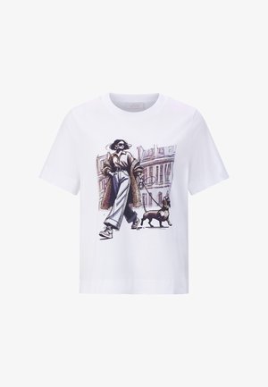 White cotton T-shirt featuring a graphic illustration of a person walking a dog. Relaxed fit with short sleeves and a round neckline.