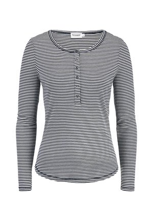 Long-sleeve black and white horizontal striped shirt with round neckline and front button placket.