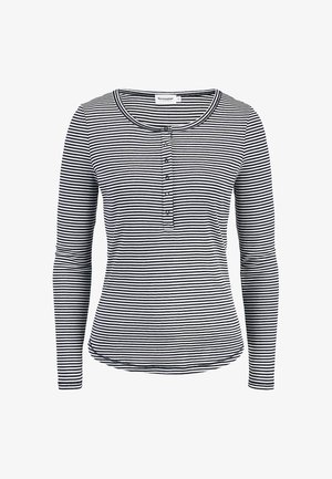 Long-sleeve black and white horizontal striped shirt with round neckline and front button placket.