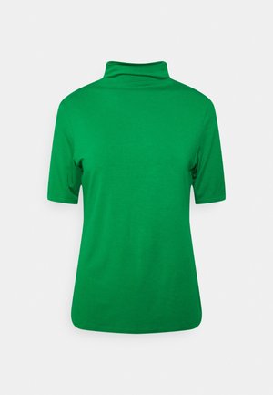 T-shirt vert à manches courtes avec col roulé et coupe décontractée, présenté sur un fond blanc uni.