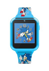 Orologio blu per bambini con quadrante quadrato, schermo digitale e grafiche di Sonic the Hedgehog su un cinturino con motivo. Numeri analogici in grassetto.
