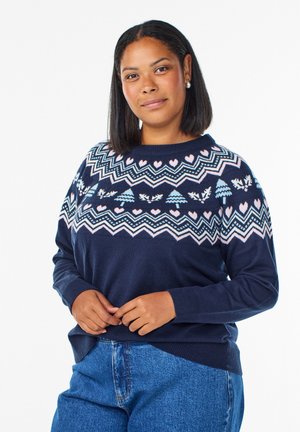 Navy blue sweater with a Fair Isle pattern in light blue, pink, and white, featuring hearts and trees, ribbed cuffs and hem.