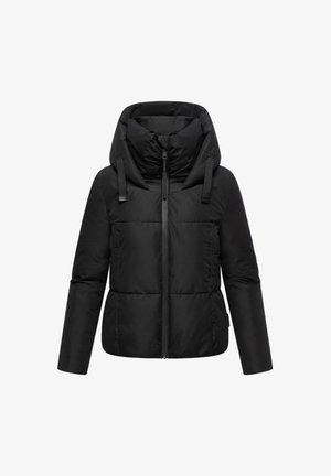 Jachetă neagră căptușită, cu guler înalt și glugă, având fermoar central, buzunare laterale și șnururi ajustabile pe glugă.