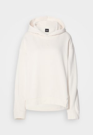 Cream-colored hoodie made from soft fabric, featuring a drawstring hood, ribbed cuffs, and a small logo on the front. Relaxed fit design.