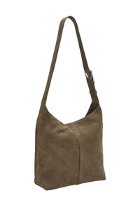 Brązowa zamszowa torba na ramię z jedną regulowaną rączką, charakteryzująca się gładką teksturą i delikatnym przeszyciem z przodu.