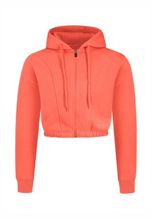 Felpa cropped color corallo realizzata in tessuto morbido, con zip frontale, cappuccio regolabile e polsini a costine con un sottile accento del logo.