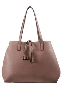 Sac fourre-tout en cuir rose pâle avec deux longs pompons et des surpiqûres contrastées foncées. Dispose de bretelles d'épaule robustes et d'un design spacieux.