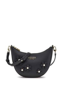 Borsa a mano in pelle nera con applicazioni floreali e dettagli in perle. Presenta una forma curva, chiusura con zip e tracolla regolabile. Logo in tonalità oro.