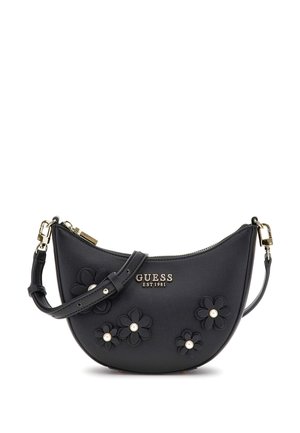 Borsa a mano in pelle nera con applicazioni floreali e dettagli in perle. Presenta una forma curva, chiusura con zip e tracolla regolabile. Logo in tonalità oro.