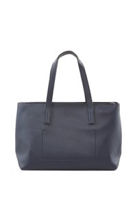 Borsa tote in pelle blu navy con superficie testurizzata, due manici robusti e una tasca frontale. Chiusura a zip nella parte superiore per una conservazione sicura.