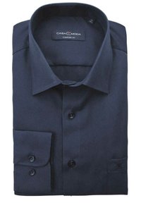 Donker marineblauwe, lange mouwen, knoopsluiting overhemd met een klassieke kraag, een soepele textuur en een enkele borstzak. Voorzien van een subtiele merklabel.