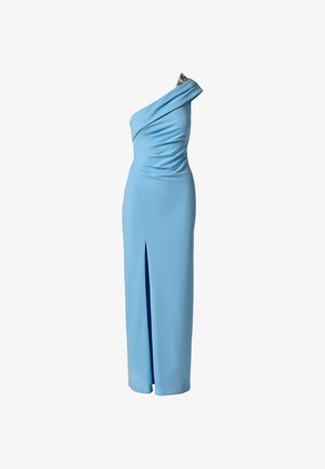 Robe de soirée bleu clair asymétrique avec un corsage froncé, une bordure ornée à l'épaule et une fente avant longue jusqu'à la cuisse.