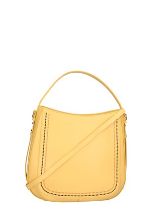 Borsa a mano gialla in pelle con forma curva, tracolla piatta e cuciture a contrasto lungo i bordi. Texture liscia, design minimalista.