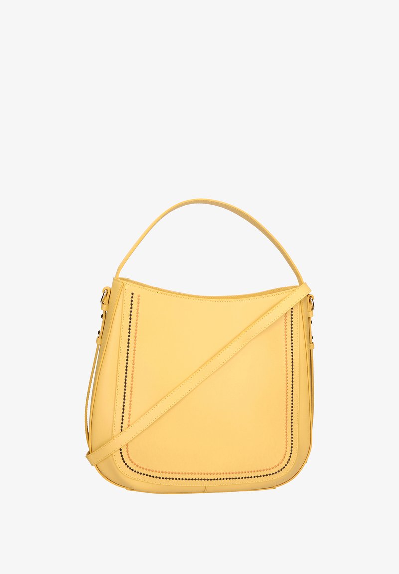 Borsa a mano gialla in pelle con forma curva, tracolla piatta e cuciture a contrasto lungo i bordi. Texture liscia, design minimalista.