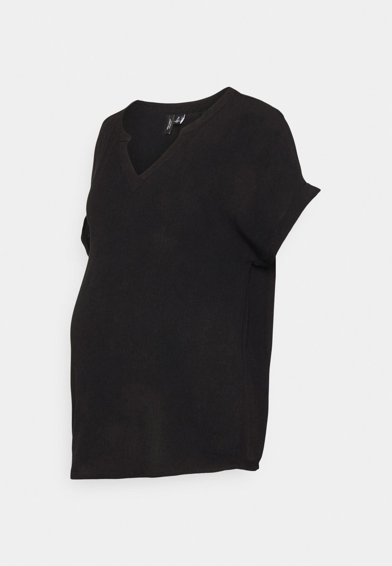 Top de maternidade preto com decote em V, mangas curtas e corte solto. Textura suave com um acabamento liso. Sem padrões ou adornos visíveis.