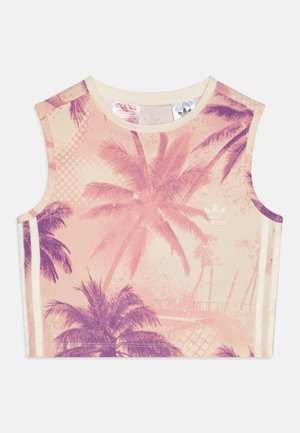 Krótki top bez rękawów z różowo-fioletowym nadrukiem palm, logo Adidas na piersi oraz białe pionowe paski po bokach.