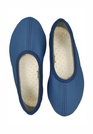 Blue leather ballet flats with a rounded toe, textured surface, and padded beige insole featuring small perforations for ventilation.