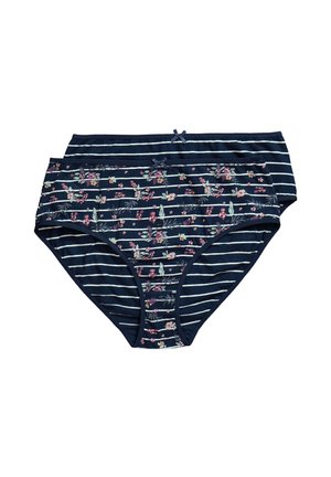 Zwei Paar dunkelblaue Damenunterwäsche, eines mit weißen horizontalen Streifen und das andere mit Blumenmuster und weißen Streifen, beide mit kleinen Schleifen vorne.