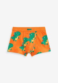 Sous-vêtements orange avec des imprimés de dinosaures ludiques en vert et jaune. Tissu doux avec une taille élastique et une ouverture à l'avant.